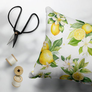 Lemon Pattern, Lemon Flowers, Leaves, Citrus Accent Pillow
