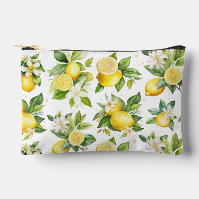 Lemon Pattern, Lemon Flowers, Leaves, Citrus Accessory Pouch (Front)