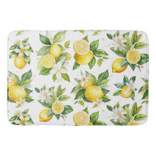 Lemon Pattern, Lemon Flowers, Leaves, Citrus Bath Mat