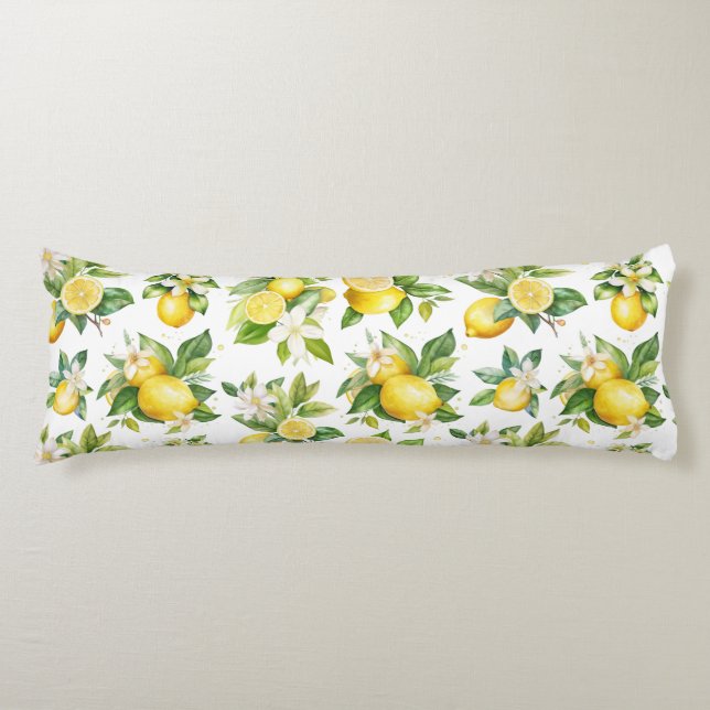 Lemon Pattern, Lemon Flowers, Leaves, Citrus Body Pillow (Front)
