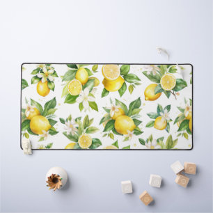 Lemon Pattern, Lemon Flowers, Leaves, Citrus Desk Mat