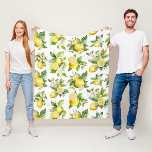Lemon Pattern, Lemon Flowers, Leaves, Citrus Fleece Blanket