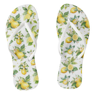 Lemon Pattern, Lemon Flowers, Leaves, Citrus Flip Flops