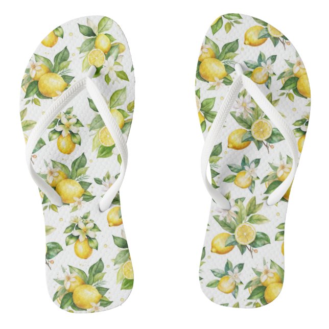 Lemon Pattern, Lemon Flowers, Leaves, Citrus Flip Flops (Footbed)