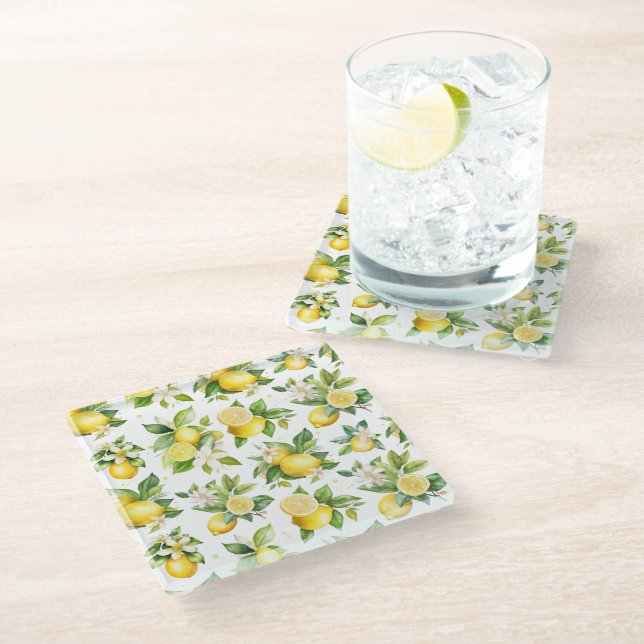Lemon Pattern, Lemon Flowers, Leaves, Citrus Glass Coaster (Angled)