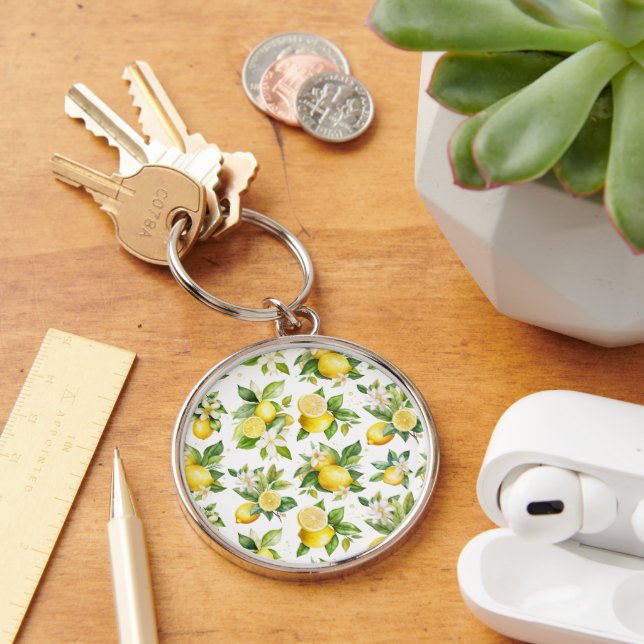 Lemon Pattern, Lemon Flowers, Leaves, Citrus Keychain (Desk)