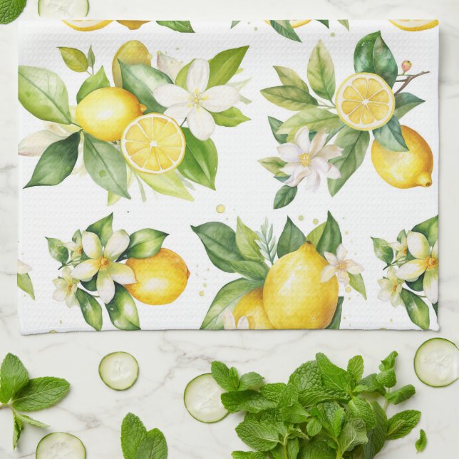Lemon Pattern, Lemon Flowers, Leaves, Citrus Kitchen Towel (Folded)