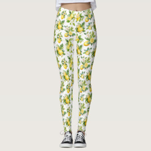 Lemon Pattern, Lemon Flowers, Leaves, Citrus Leggings
