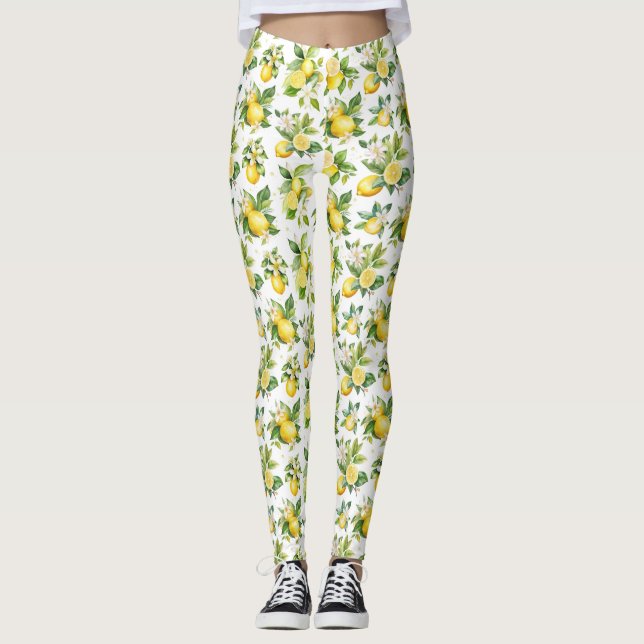 Lemon Pattern, Lemon Flowers, Leaves, Citrus Leggings (Front)