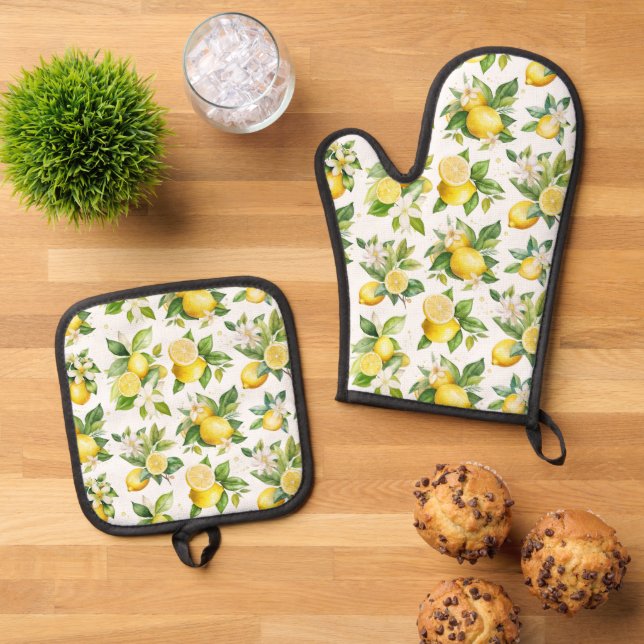 Lemon Pattern, Lemon Flowers, Leaves, Citrus Oven Mitt & Pot Holder Set (Top Down)