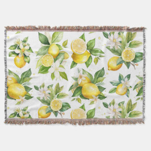 Lemon Pattern, Lemon Flowers, Leaves, Citrus Throw Blanket