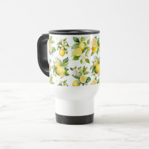 Lemon Pattern, Lemon Flowers, Leaves, Citrus Travel Mug