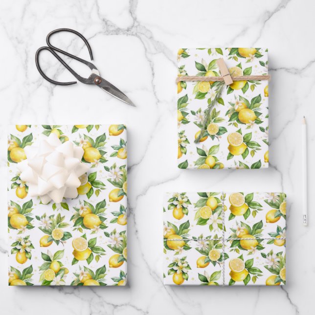 Lemon Pattern, Lemon Flowers, Leaves, Citrus Wrapping Paper Sheet (Front)