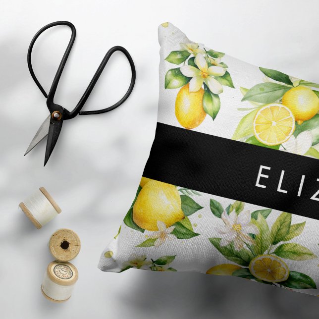 Lemon Pattern, Lemon Flowers, Leaves, Your Name Accent Pillow (Creator Uploaded)