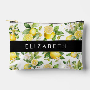 Lemon Pattern, Lemon Flowers, Leaves, Your Name Accessory Pouch