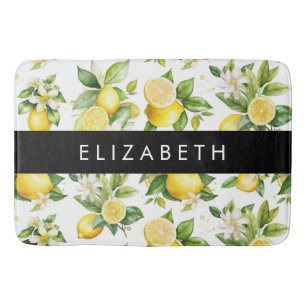 Lemon Pattern, Lemon Flowers, Leaves, Your Name Bath Mat