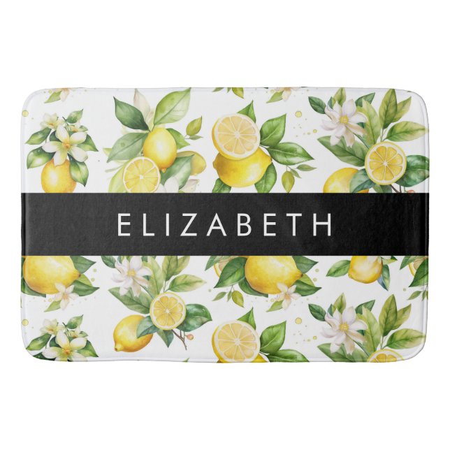 Lemon Pattern, Lemon Flowers, Leaves, Your Name Bath Mat (Front)