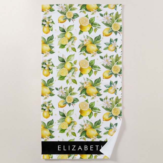 Lemon Pattern, Lemon Flowers, Leaves, Your Name Beach Towel (Front)