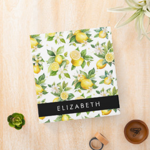 Lemon Pattern, Lemon Flowers, Leaves, Your Name Binder