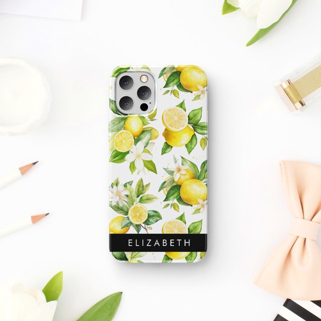 Lemon Pattern, Lemon Flowers, Leaves, Your Name Case-Mate iPhone Case (Creator Uploaded)