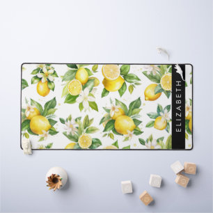 Lemon Pattern, Lemon Flowers, Leaves, Your Name Desk Mat