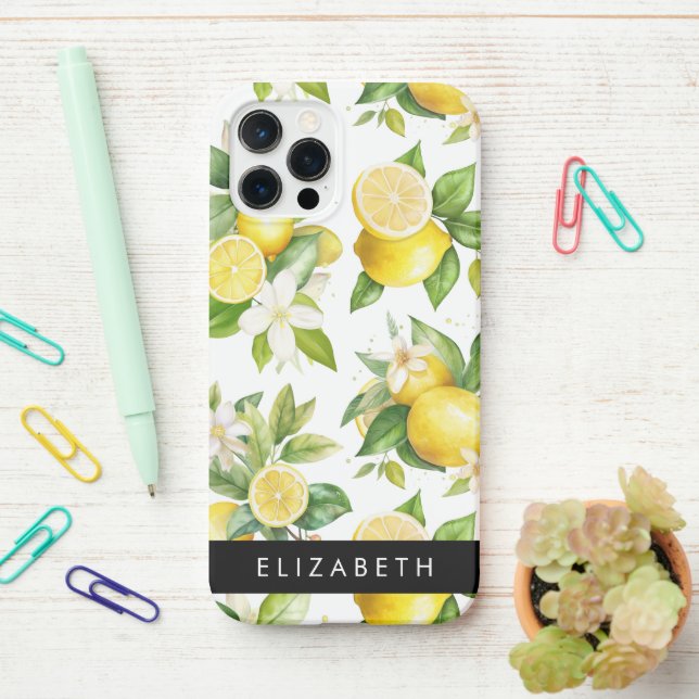 Lemon Pattern, Lemon Flowers, Leaves, Your Name iPhone Case (On Desk)