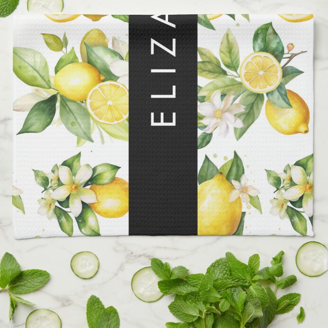 Lemon Pattern, Lemon Flowers, Leaves, Your Name Kitchen Towel (Folded)