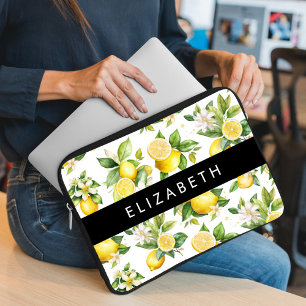 Lemon Pattern, Lemon Flowers, Leaves, Your Name Laptop Sleeve