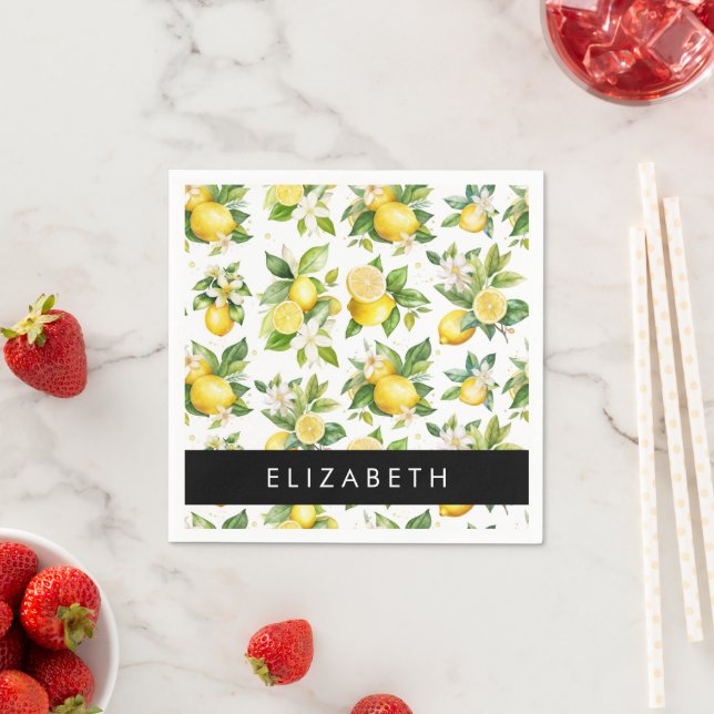 Lemon Pattern, Lemon Flowers, Leaves, Your Name Napkin (Insitu)