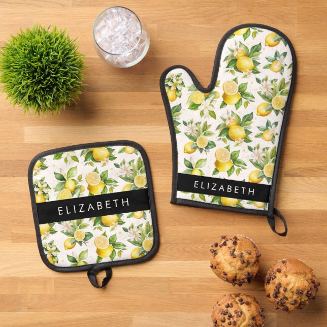 Lemon Pattern, Lemon Flowers, Leaves, Your Name Oven Mitt & Pot Holder Set (Top Down)