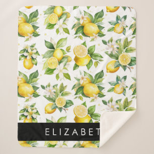 Lemon Pattern, Lemon Flowers, Leaves, Your Name Sherpa Blanket