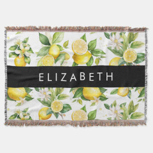 Lemon Pattern, Lemon Flowers, Leaves, Your Name Throw Blanket