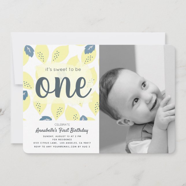 Lemon Pattern Photo 1st Birthday Party Invitation (Front)