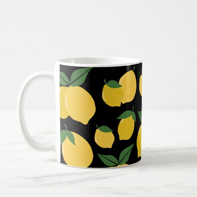 Lemon Pattern Retro Fruit Yellow On Black Coffee Mug (Left)