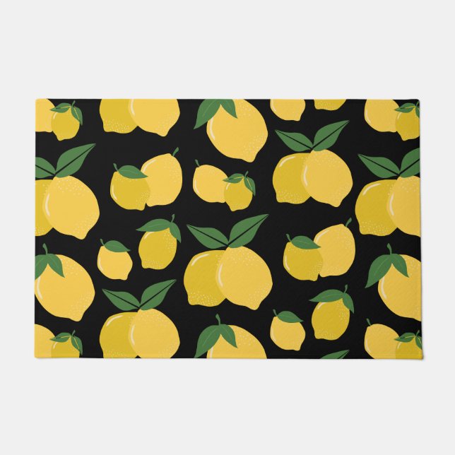 Lemon Pattern Retro Fruit Yellow On Black Doormat (Front)