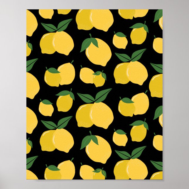 Lemon Pattern Retro Fruit Yellow On Black Poster (Front)