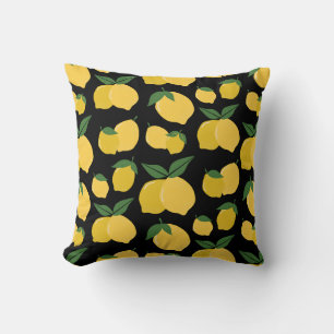 Lemon Pattern Retro Fruit Yellow On Black Throw Pillow