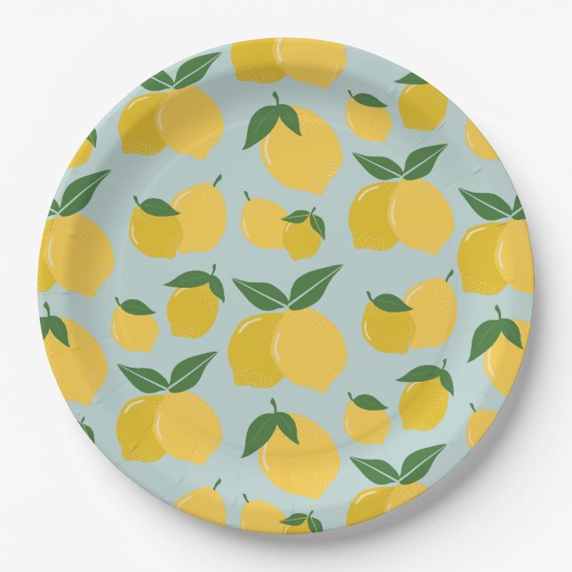 Lemon Pattern Retro Fruit Yellow On Green Paper Plate (Front)