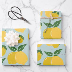 Lemon Pattern Retro Fruit Yellow On Green Wrapping Paper Sheet