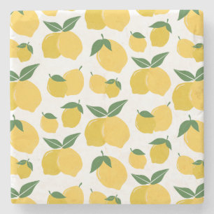 Lemon Pattern Retro Fruit Yellow On White Stone Coaster