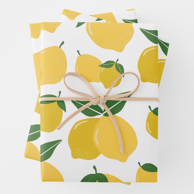 Lemon Pattern Retro Fruit Yellow On White Wrapping Paper Sheet (In situ)