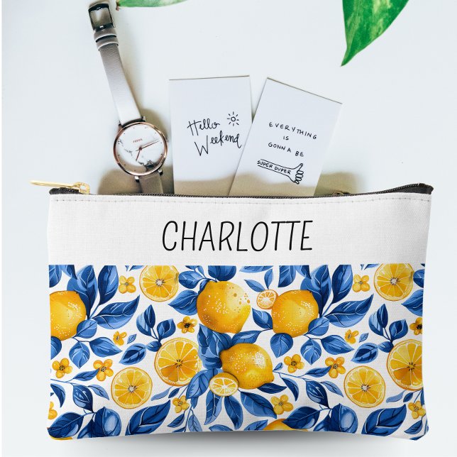 Lemon Pattern Tropical Fruit Personalized Name Accessory Pouch (Creator Uploaded)