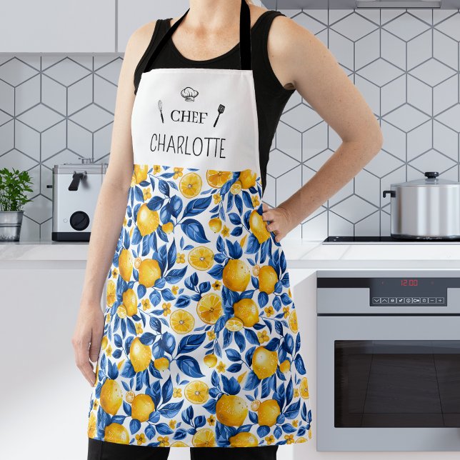 Lemon Pattern Tropical Fruit Personalized Name Apron (Creator Uploaded)