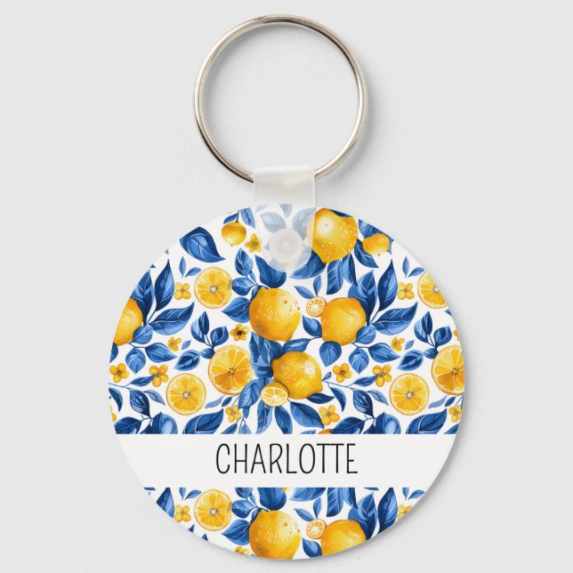 Lemon Pattern Tropical Fruit Personalized Name Keychain (Front)