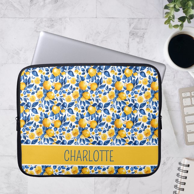 Lemon Pattern Tropical Fruit Personalized Name Laptop Sleeve (Creator Uploaded)
