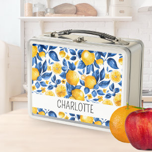 Lemon Pattern Tropical Fruit Personalized Name Metal Lunch Box