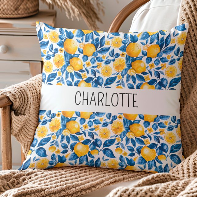 Lemon Pattern Tropical Fruit Personalized Name Throw Pillow (Creator Uploaded)