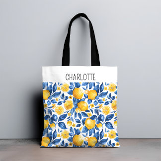 Lemon Pattern Tropical Fruit Personalized Name Tote Bag