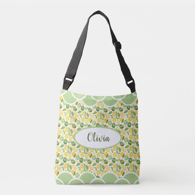Lemon Pattern Watercolor Name Green Scallops Crossbody Bag (Front)