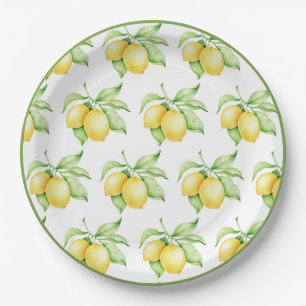 Lemon Pattern Watercolor Simple Green Trim Paper Plate